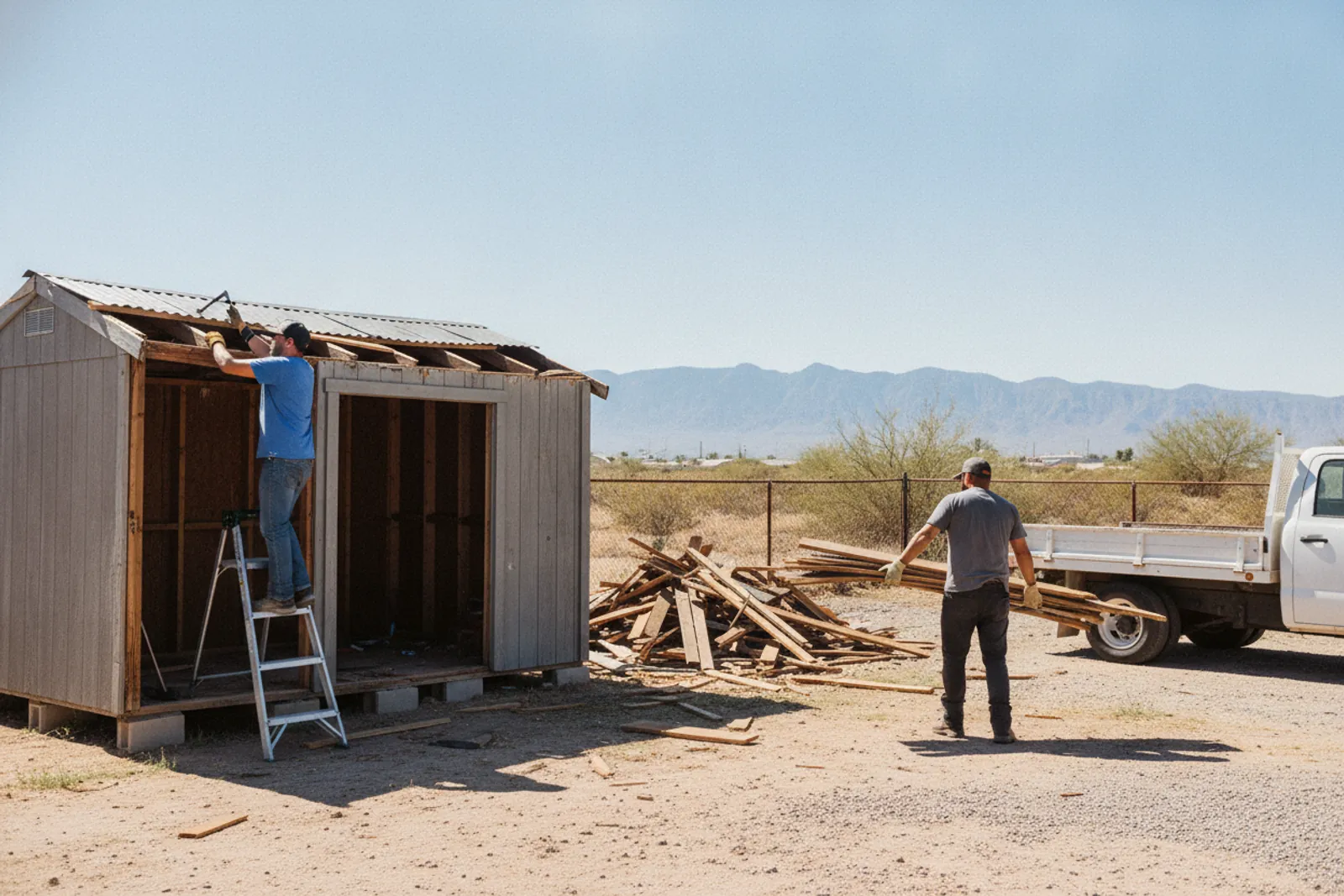 Sun City Shed Removal crew tearing down a backyard wood shed with the Franklin Mountains behind